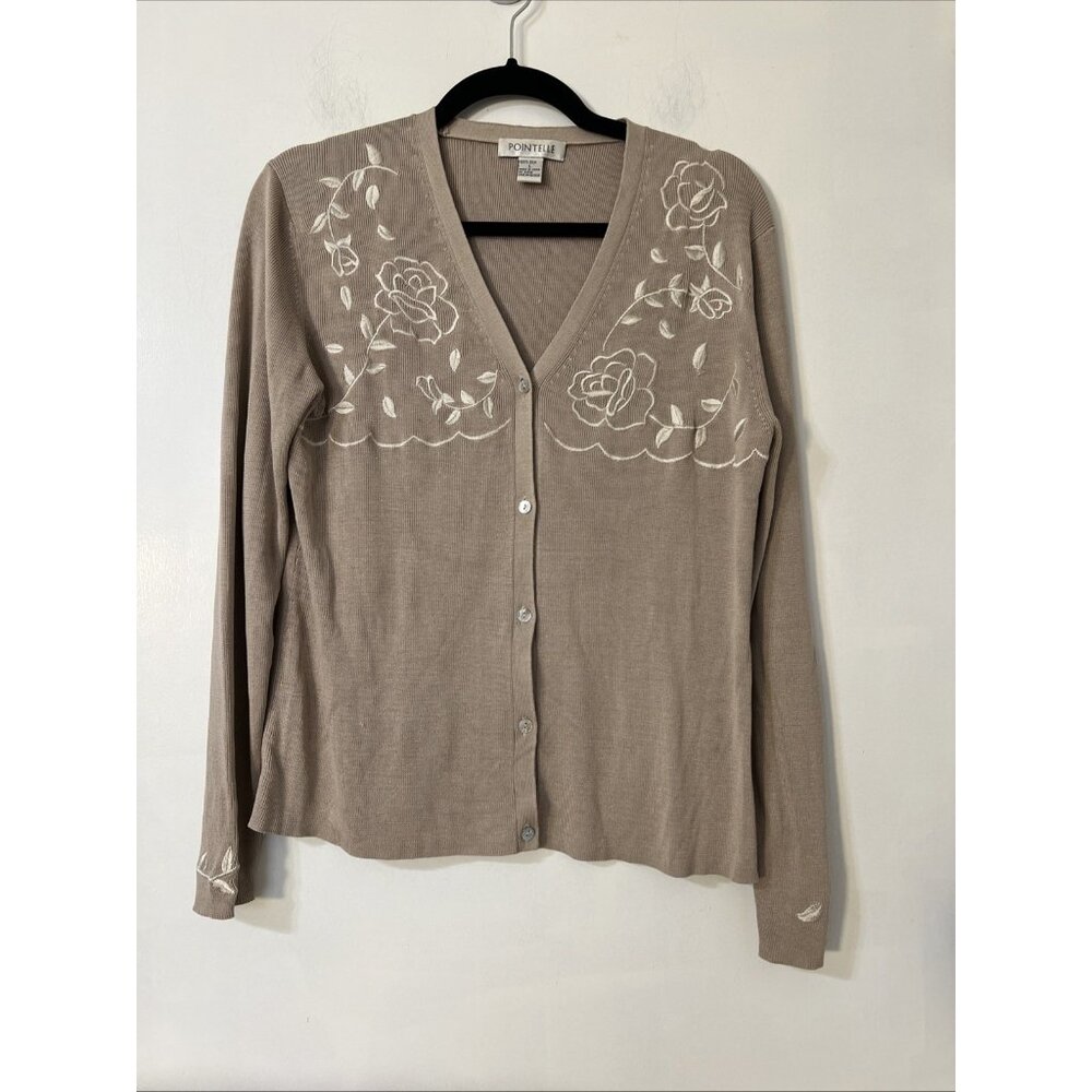 Vtg Silk Floral‎ Pointelle Beige Embroidered Sz L Sweater Cardigan Cottagecore